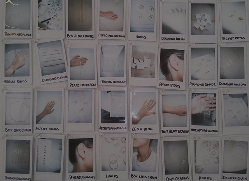 Grid of small photographs with various items and text labels on a dark background