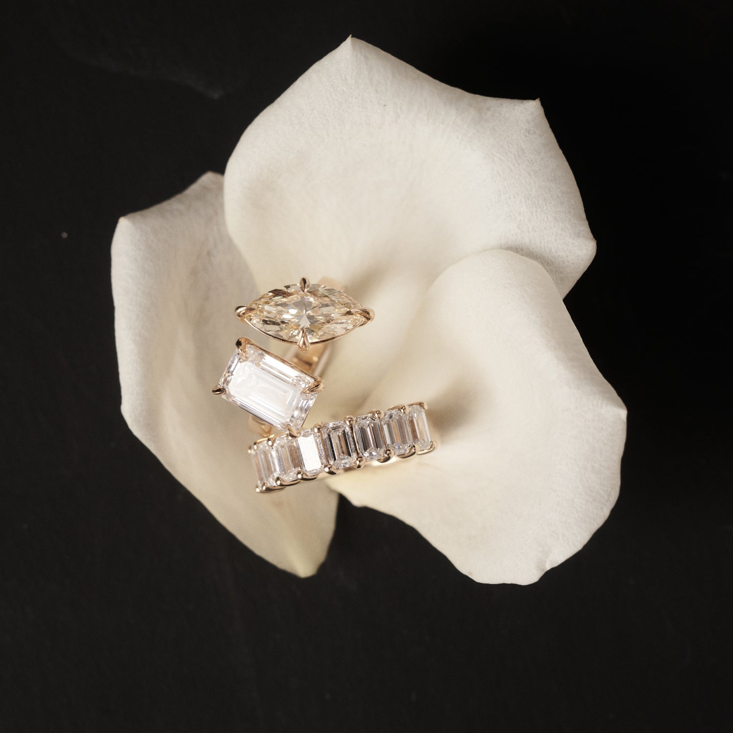 Gold ring with diamonds on a white flower petal against a black background