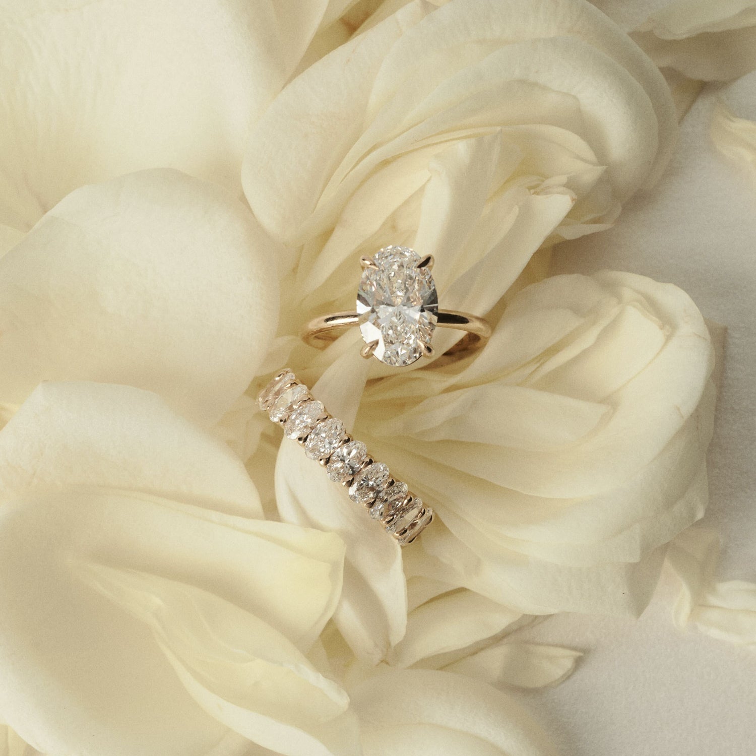Diamond ring on a bed of white roses
[text overlay: 2ct Diamond and Camille Diamond Band]