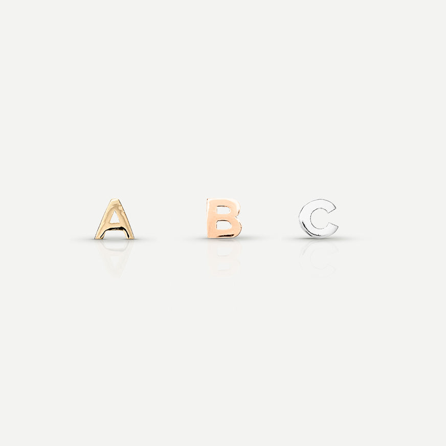 Gold, rose gold, and silver alphabet letters A, B, and C on a white background, reflecting luxury jewellery design.[text overlay: Yellow Gold (left), Rose Gold (middle) and White Gold (right)] [text colour: #000000]
