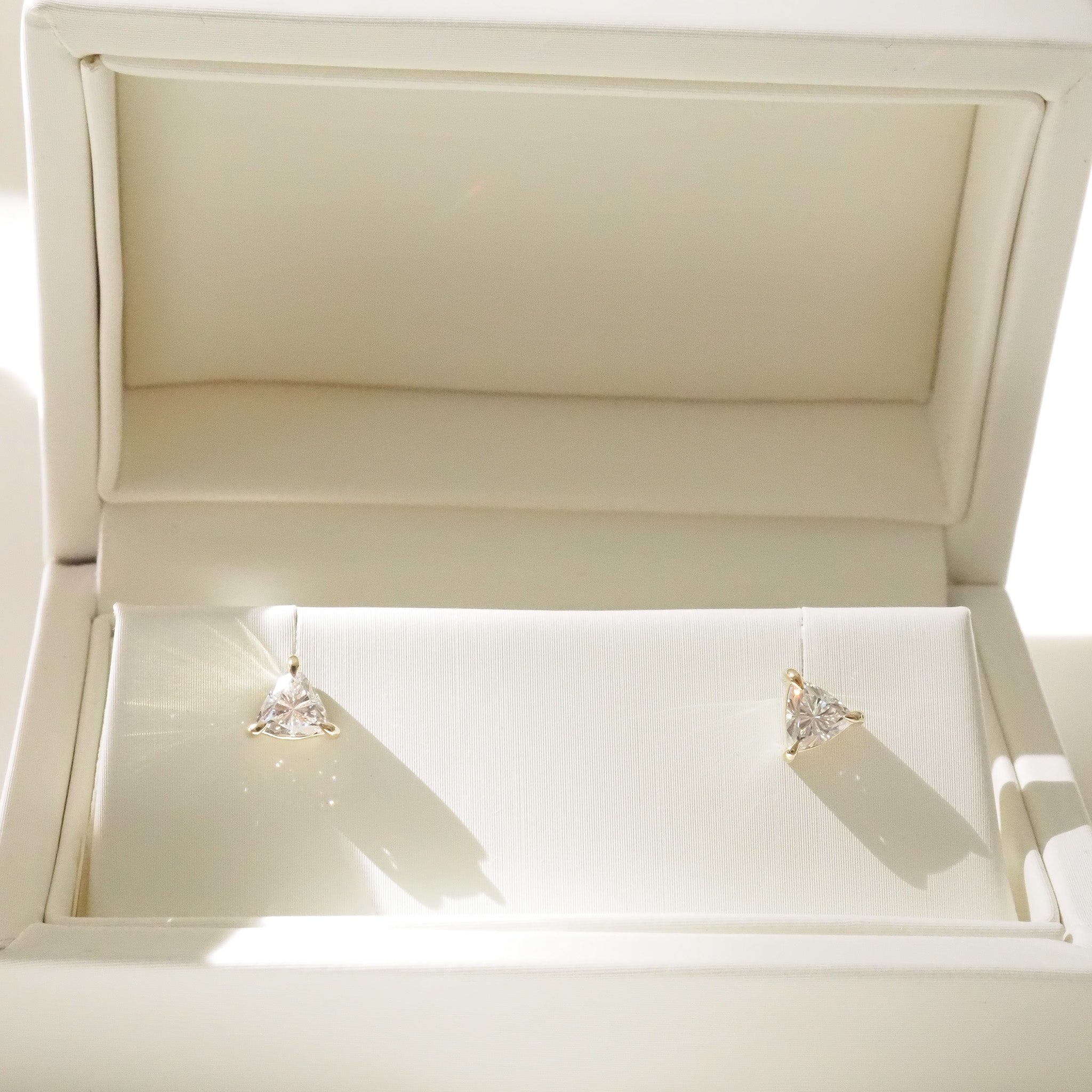Jewelry box with a pair of Trillion diamond earrings inside