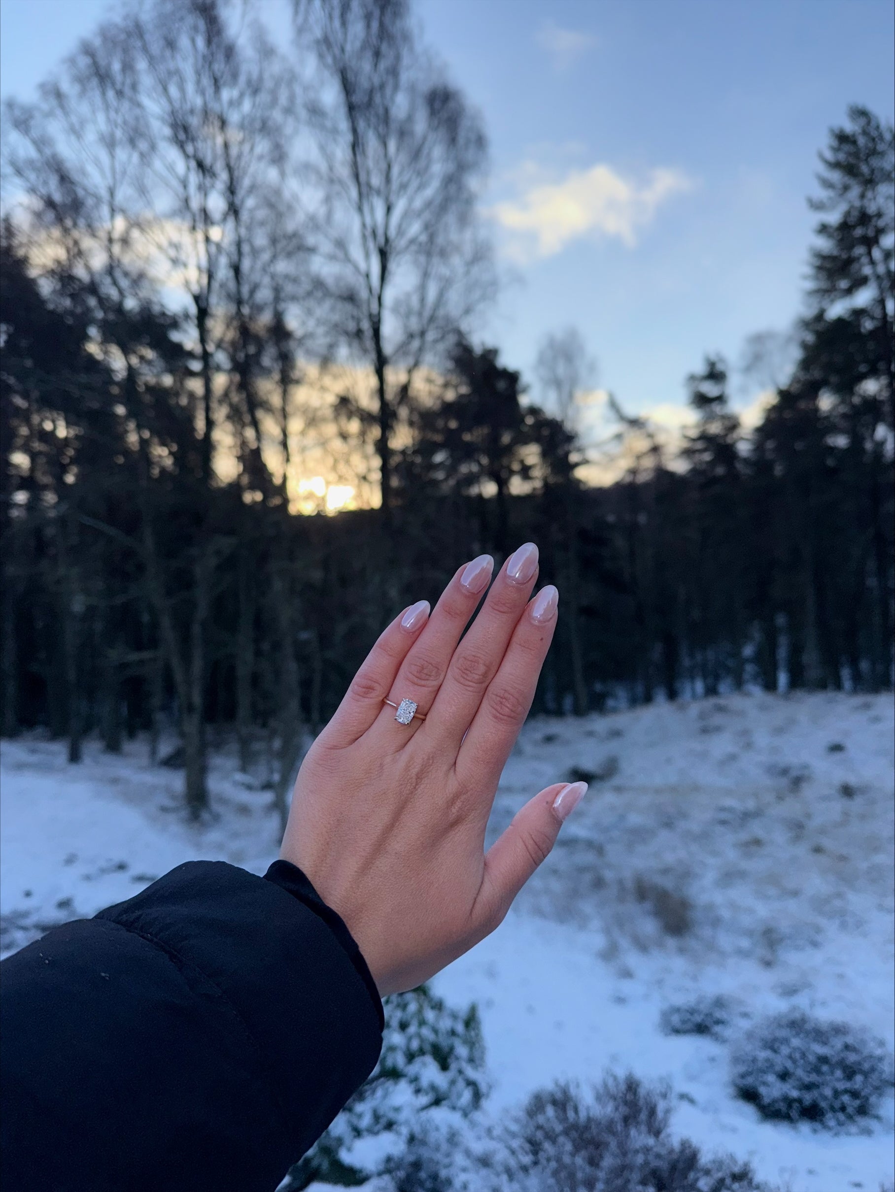 Hand displaying a luxury diamond ring against a snowy forest backdrop at sunrise. Ideal for high-end jewellery lovers.